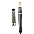 Yongsheng Junlai 630 Acrylic Fountain Pen, Size 8 Medium Nib with Piston Filling System, Piano Black Classic Design Smooth Writing Pen (Gold Trim)