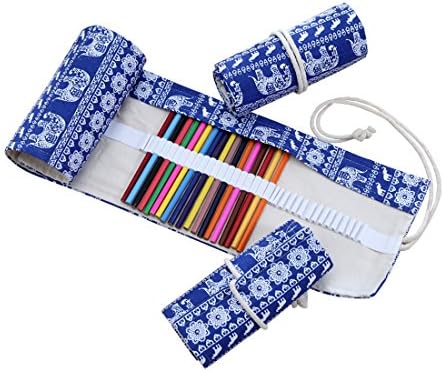 Canvas Pencil Wrap Case,Roll Case for Pencils,Travel Organizer Pouch for Artist.(No Pens Included) (Elephant Blue, 48Holes)