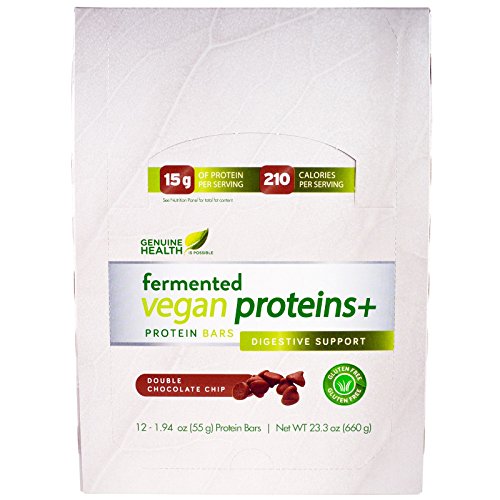Genuine Health Corporation, Fermented Vegan Proteins+, Double Chocolate Chip, 12 Protein Bars, 1.94 oz (55 g) Each - 2PC