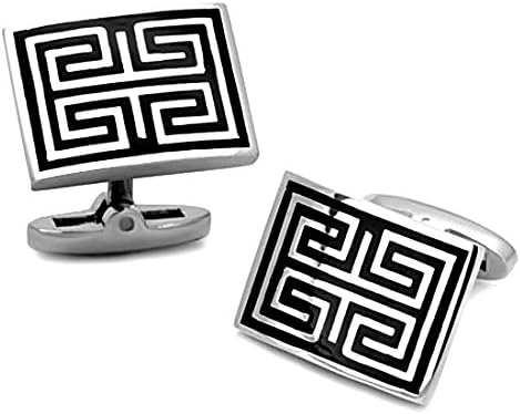 Rectangle Stainless Steel Silver Tone and Black Greek Key Pattern Cufflinks