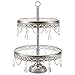 Anastasia Collection Antique Silver 2 Tier Cupcake Stand, Round Metal Glass Top Dessert Wedding Party Display Tower with Crystals