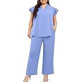 AOVDE Women Plus Size Pants Suit Sets Short Sleeve V Neck 2 Piece Dressy Pantsuit Formal Office Outfit