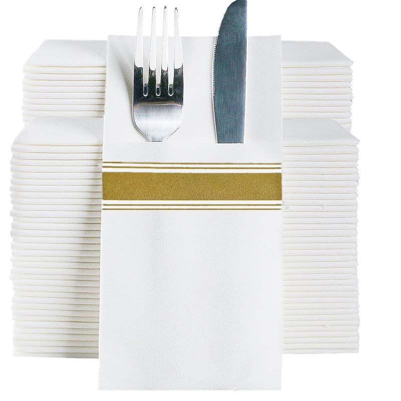 DADAWU Disposable Gold Dinner Napkins with Pre-folded Utensil Pocket for Cutlery, Thick Absorbent Durable Wood Pulp,Suitable for Dinner Birthday Party BBQ Wedding Table Setting,100pcs