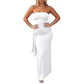 AWASIR Womens Strapless Bodycon Maxi Tube Dress Side Slit Lace Up Y2k Long Dress