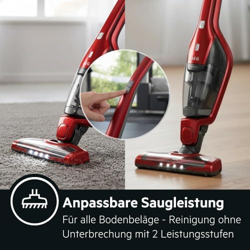 Ergorapido 2in1 Akku Staubsauger, Beutellos, inkl. Tierhaardüse, ETM Testsieger, bis zu 45Min Laufzeit, Freistehend, 180° Drehgelenk, Bürstenreinigungsfunktion, LED-Frontlichter, Rot, CX7-2-45AN
