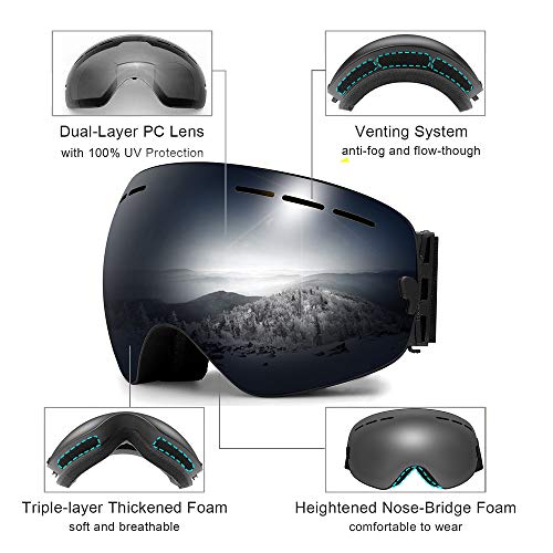 Zerhunt Ski Goggles, Snowboard Goggles Over Glasses, Anti Fog UV Protection Snow Goggles OTG Interchangeable Lens for Men Women Snowmobile, Skiing, Skating, Black