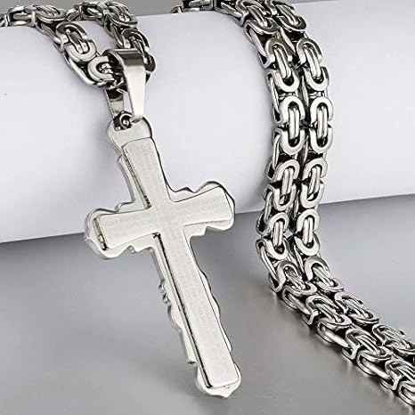 Amazon Co Jp Gyw Yw 宗教的な男性のステンレス鋼crucifixクロスペンダントネックレスヘビービザンチンチェーン ネックレスイエス キリストホーリージュエリーギフト Length 60cm Metal Color J Silver Color ホーム キッチン