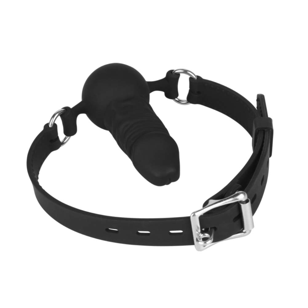 FST Silicone Realistic Dildo Gag with Ball, Adjustable Strap on Mouth Gag for SM (Black)