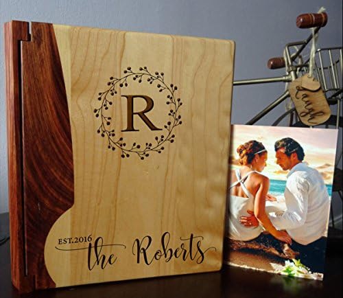 LoveToCreateStamps Personalized Wood Cover Photo Album, Custom Engraved Family Monogram Wedding Album, Style 176 (Maple & Rosewood Cover)