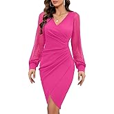 ihot Women's 2026 Sexy V Neck Mesh Long Sleeve Faux Wrap Ruched Sheath Bodycon Party Cocktail Work Dress