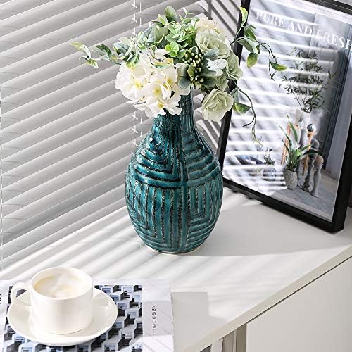 hjn Ceramic Vase Teal Vase for Home Decor, Flower Vase for