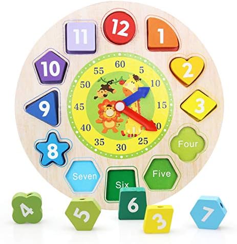 DERNISH Shape Sorting Clock Wooden Teaching Learning Puzzle Educational Toys Clock with Numbers & Shapes Games Gifts for Kids Preschool Toddlers 3 Years Old Boys and Girls, Teach Your Kid To Tell Time