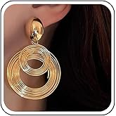 Erimberate Bohemian Layered Circle Dangle Earrings Gold Circle Hoop Drop Earrings Chunky Metal Oval Stud Earrings Exaggerated Circle Hoop Earrings Jewelry for Women