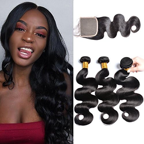 Iwish Brazilian Hair Body Wave 3 Bundles with Closure 100% Human Virgin Hair Bundle Deals with 4×4 Top Closure No Shedding No Tangle Can be Dyed (12 14 16+10CL, natural black)