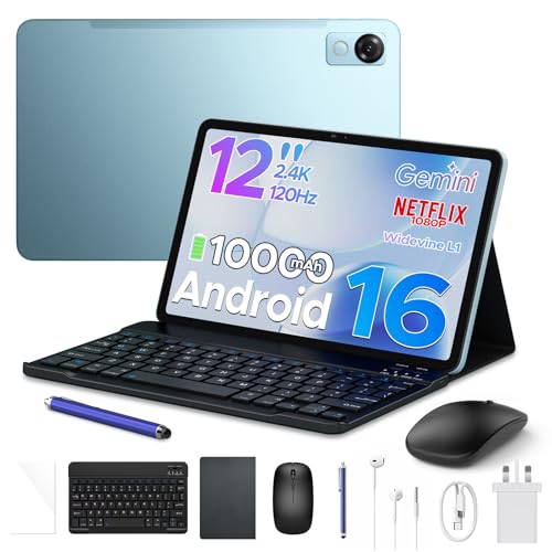 P12 Android 16 Tablet with Gemini AI, 12 Inch Tablet 2.4K 120Hz, 48GB+128GB/TF 2TB, UT7280 Octa-Core, 10000mAh Battery, 13MP+8MP/Face ID/Widevine L1/3.5mm Headphone, Tablet with Keyboard & Pen, Blue