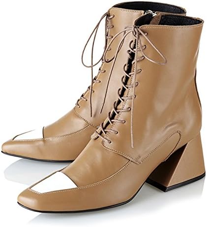 Yuul Yie Genuine Leather Square Toe Middle High Heel Boots Booties For Women With White Cap-Toe 10 Brown