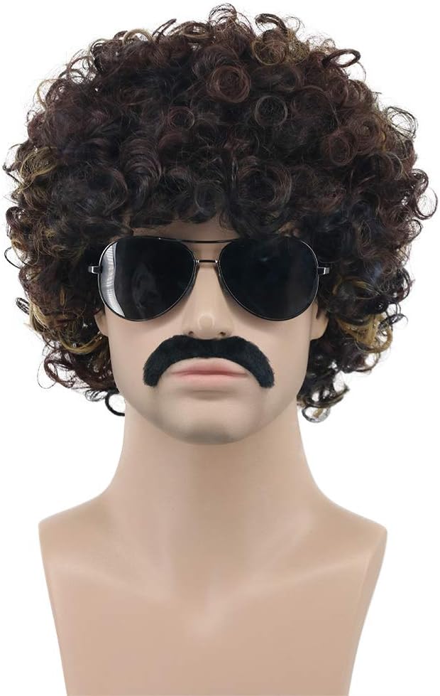 Karlery Men Women Short Curly Bob Brown Wig with Gold Mustache Rocker Disco Afro Wig for California Halloween Cosplay Party and Anime Costume