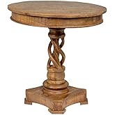 Pemberly Row 30" Round Mango Wood Table, Distressed Honey Brown Finish, Hand-Carved Pedestal Base, Artistic Accent Table for 