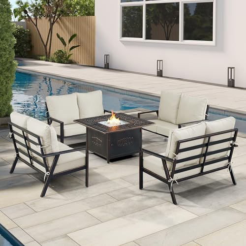 Oakland Living Black Aluminum Patio Fire Table Set with Four Deep Seating Loves…
