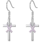 Breast Cancer Awareness Earrings Cross Dangle Earrings 925 Sterling Silver Pink Ribbon Earrings Breast Cancer Survivor Gifts for Women