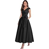 SoDigne Tea Length A Line Mother of The Bride Dresses with Bow V Neck Pockets Formal Evening Gown for Women