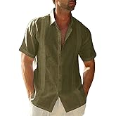 Ryannology Mens Guayabera Shirts Linen Short Sleeve Button Down Casual Beach Cuban Camp Mexican Shirt for Men Khaki
