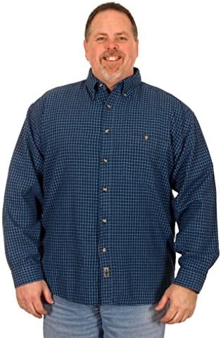 Men's Blue Checked Denim Long Sleeve Button Down Shirt (Large)