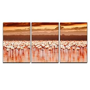 Flamingos Over Beautiful Sunset Wall Decor x3 Panels