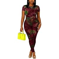 sedmoda Women Sexy Mesh Two Piece Outfits Print See Through