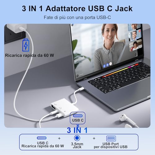 【3 in 1】USB C Jack 3.5mm Adapter with 60W OTG Charger Adapter, Audio Type C to Aux Earphone Splitter for iPhone 17/16/15 Samsung Galaxy S25 Ultra/ A56/ S24 S23 i-Pad Pro Air Pixel