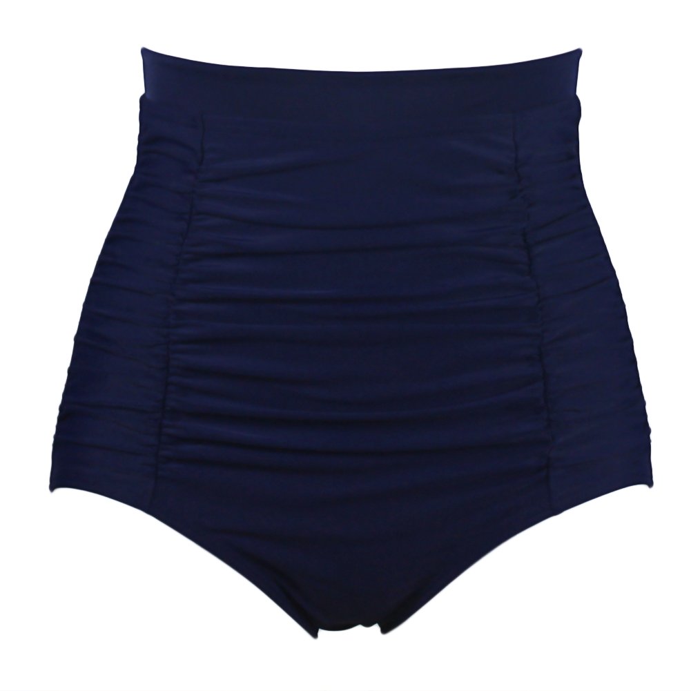 Qiaoer Women\'s Retro Black High Waisted Bikini Bottom Ruched Swim Short Tankinis Briefs (Dark Blue, S)