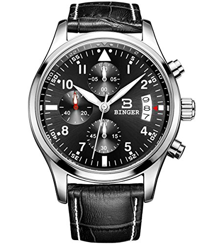 BINGER Mens Chronograph Quartz Wrist Watch with Calendar Window Stainless Steel Case Black Genuine Leather