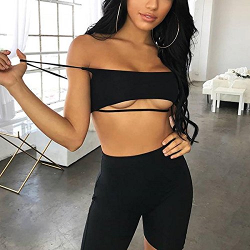 LUFENG Women's Suit Two Pieces Set Sexy Sleeveless Strapless Crop Top and Shorts Set Black M - Thumbnail 3