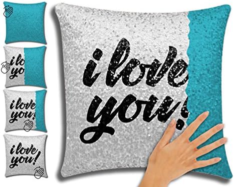 Magic Mermaid Pillow Case, Chasseur Lifestyle Modern Reversible Sequin Read Quote I Love You, Glitter Decorative Throw Pillow Covers, Teal and Silver 16" x 16"