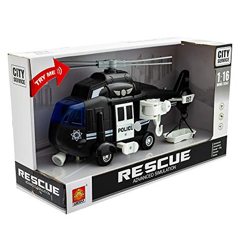 City Service Police Helicopter Toy for Kids with Lights and Sounds - Friction Powered Toy Planes - Rescue Side Basket Crane - Patrol, Rescue and Pursuit Play Chopper for Your Little Boys and Girls