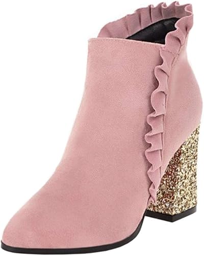 Amazon Zanpa レディース 可愛い ラッフル ブーティ 太ヒール ジッパー ドレスブーツ 披露宴 秋の靴 オフィス アンクルブーツ キラキラ Pink サイズ 39 ブーツ ブーティ