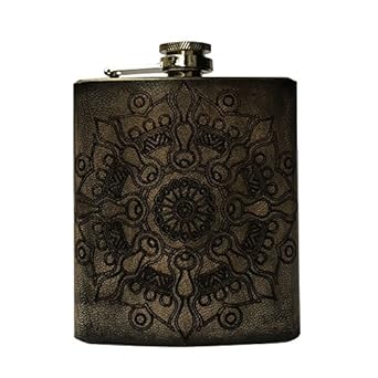 VINAY AND VIJAY Antique Engraved Personalised Leather Alcohol Flask for Men (7 Oz/10 x 2 x 12 cm L X W X H, Brown)