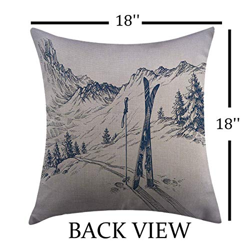 Mugod Decorative Throw Pillow Cover for Couch Sofa Home Decor,Winter Sketchy Graphic of a Downhill with Ski Elements in Snow Relax Calm View Blue White Pillow case 18x18 Inch - Thumbnail 2
