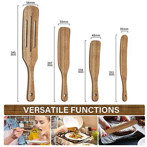 Wooden Cooking Utensils, TOPLANET 4 Pcs Natural Teak Kitchen Utensil Set Heat Resistant Non Stick Wood Cookware with Hanging Hole, Slotted Spurtle Spatula Sets for Stirring, Mixing, Serving