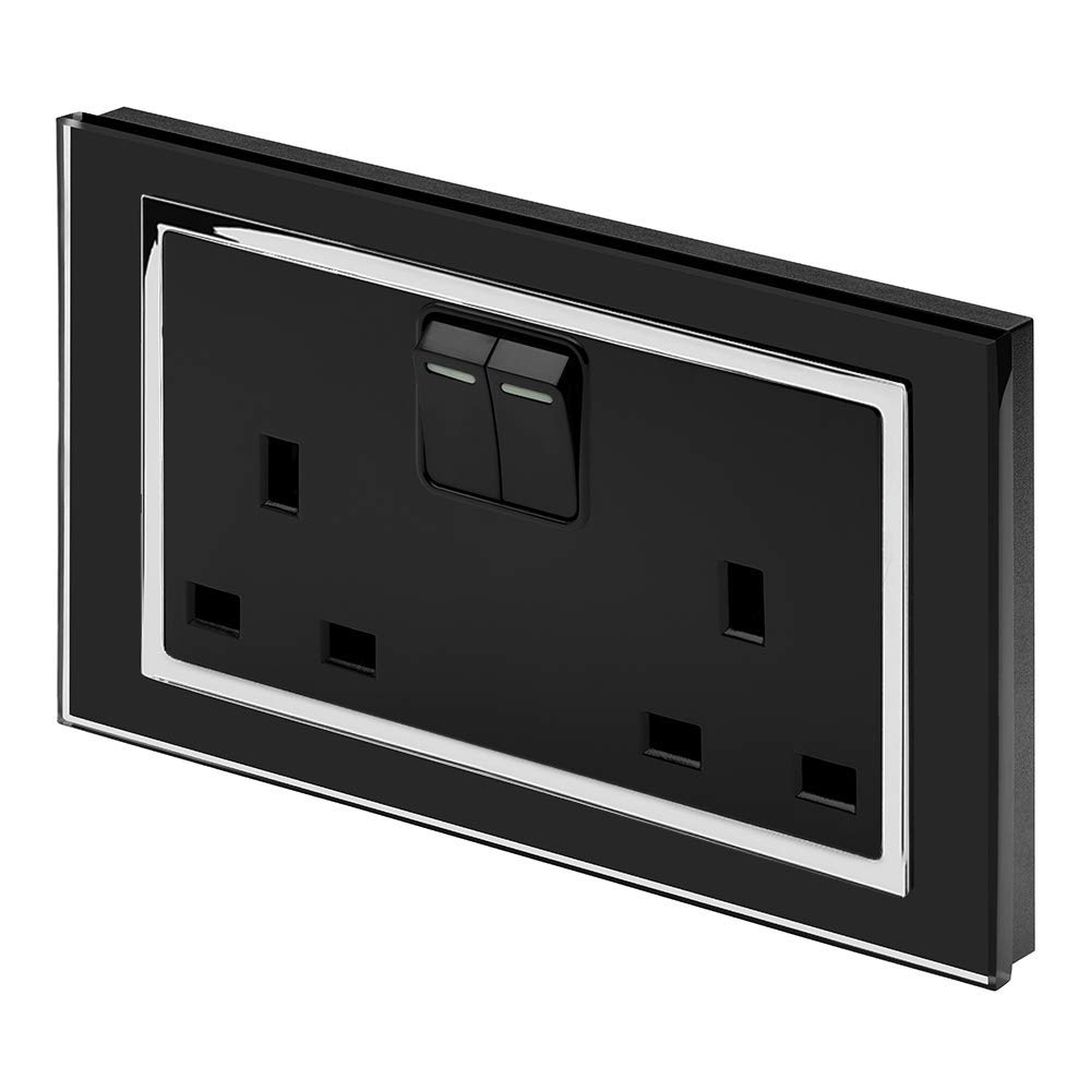 Retrotouch Crystal, DP, Double Plug Socket, Switched, Chrome Trim, 13A, Black Glass, w8 x h86 x d146 mm
