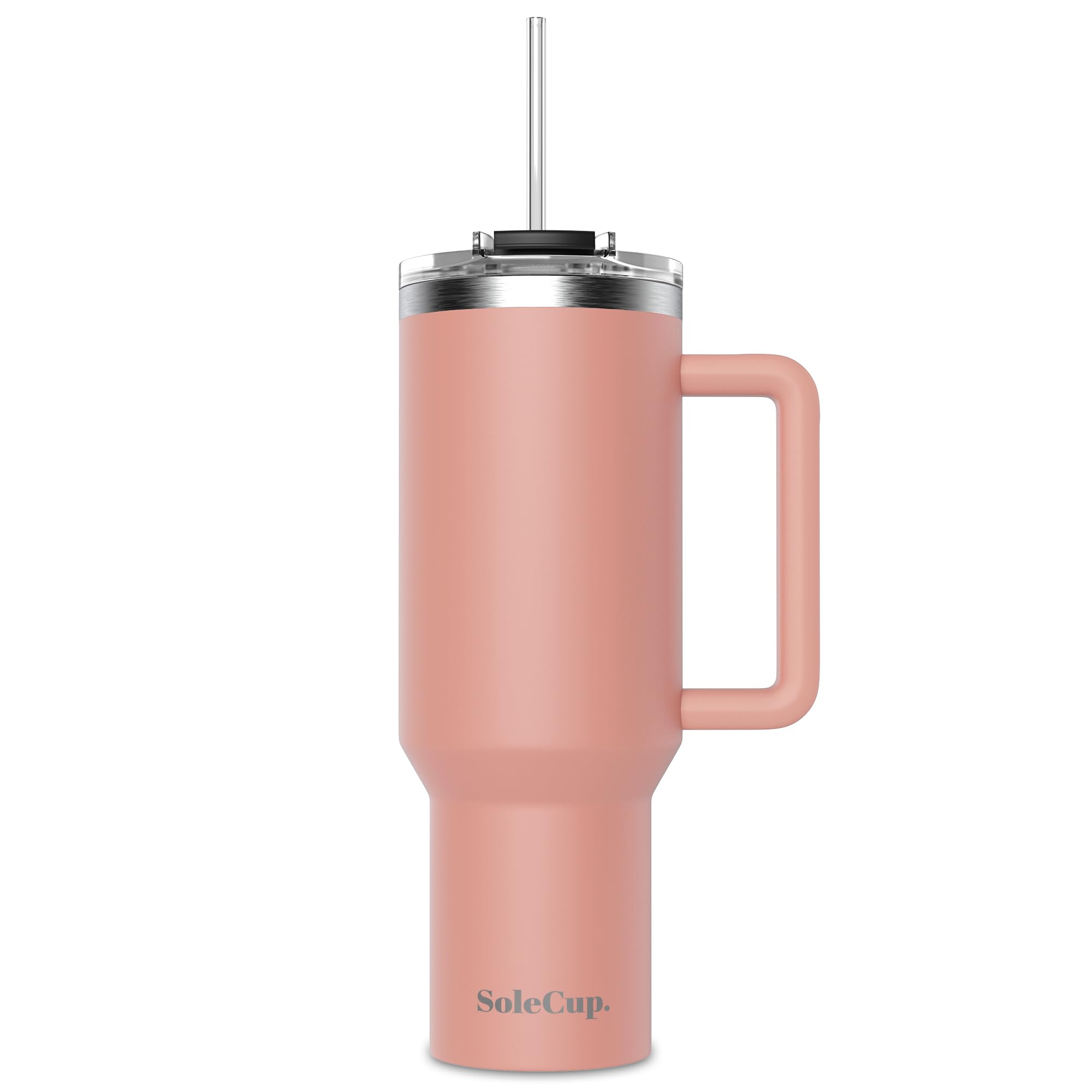 SoleCup. 40oz Travel Mug with Handle, Lid and Two Straws, Drinks Stay Hot for 8 Hours, Cold for 24 Hours, Double Wall Vacuum Insulated Stainless Steel Tumbler… (Pink, 40oz)