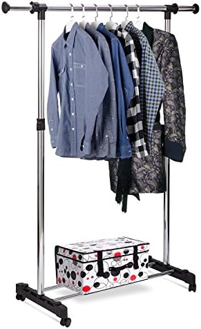 Rukerway Heavy Duty Garment Rack Single Rail Adjustable Clothing Rack Supreme Rolling Rack Laundry Drying Rack, Chrome Finish (Single Rail)