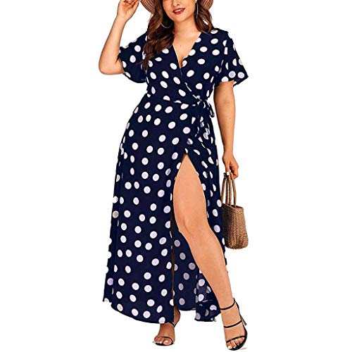 Tantisy ♣↭♣ Plus Size Short Sleeves Wrap V Neck Belted Empire Waist Asymmetrical High Low Bohemian Party Maxi Dress Navy