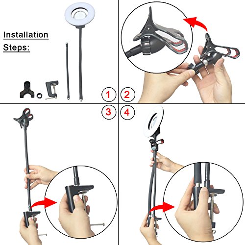 Desk LED Selfie Beauty Ring Light for Phone Live Streaming YouTube or Makeup with Flexible Gooseneck Cell Phone Clamp+3.5" Mirror Portable Photography 8-inch Dimmable 5500K O Circular Ring Lamp