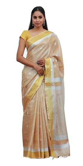 Womens Pure Tissue Linen Saree with Blouse Piece | Golden