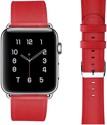 Apple Watch Band 42mm, Genuine Red Leather with Stainless Metal Buckle by Palestrapro. iWatch Replacement Strap for Series 3,2,1. Sports Edition for Men and Women. Mother's day gift.