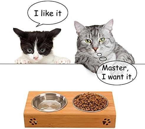 Elevated Dog Cat Bowls, MLCINI Raised Solid Bamboo Stand Food Water Pet Feeder with 2 Stainless Steel Bowls and Anti-Slip Feet