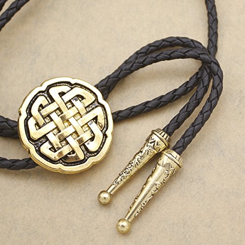 RechicGu Vintage Gold Western Celtic Trinity Cross Knot Leather Rodeo Wedding Necktie Bola Bolo Tie - Thumbnail 4
