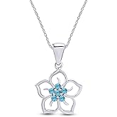 AFFY Round Cut Simulated Aquamarine Flower Pendant Necklace in 14k Gold Over Sterling Silver