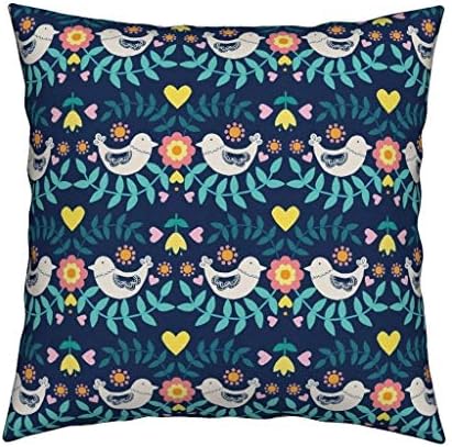 Miiyu6Bird Scandi Folk Throw Pillow Folky Pattern Blue by lydia_meiying Birds And Floral 18x18 Square Throw Pillow